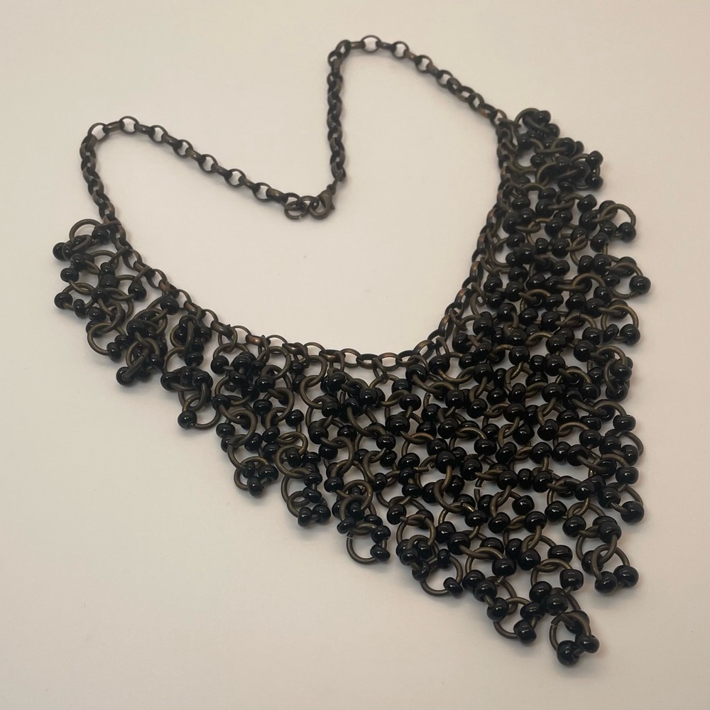 Black Bead Metal Bib Necklace